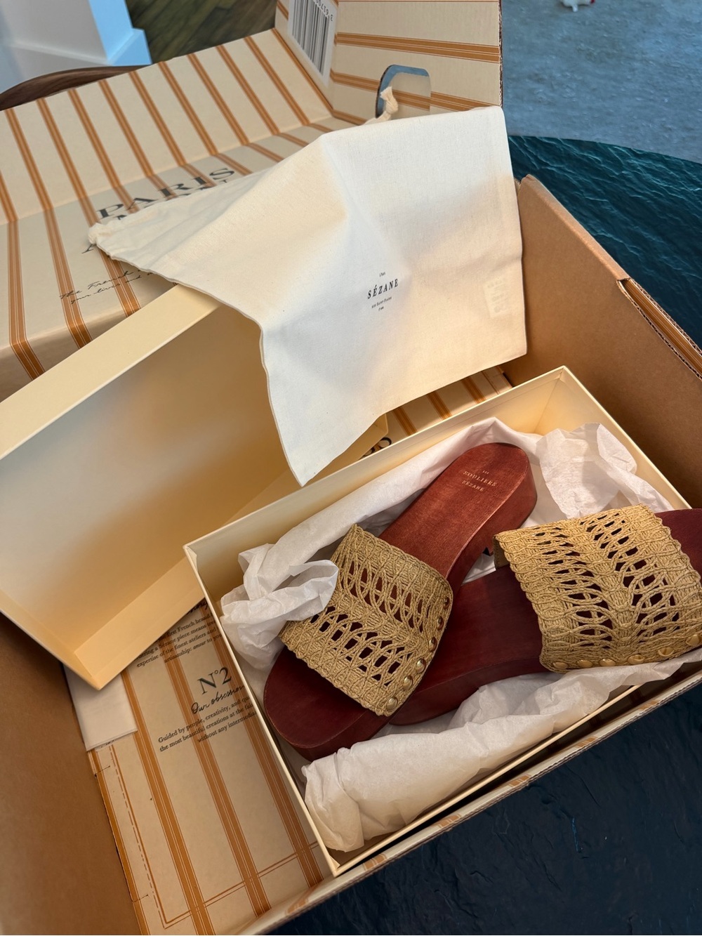 Sezane Braided Raffia Mules with Gold Studs